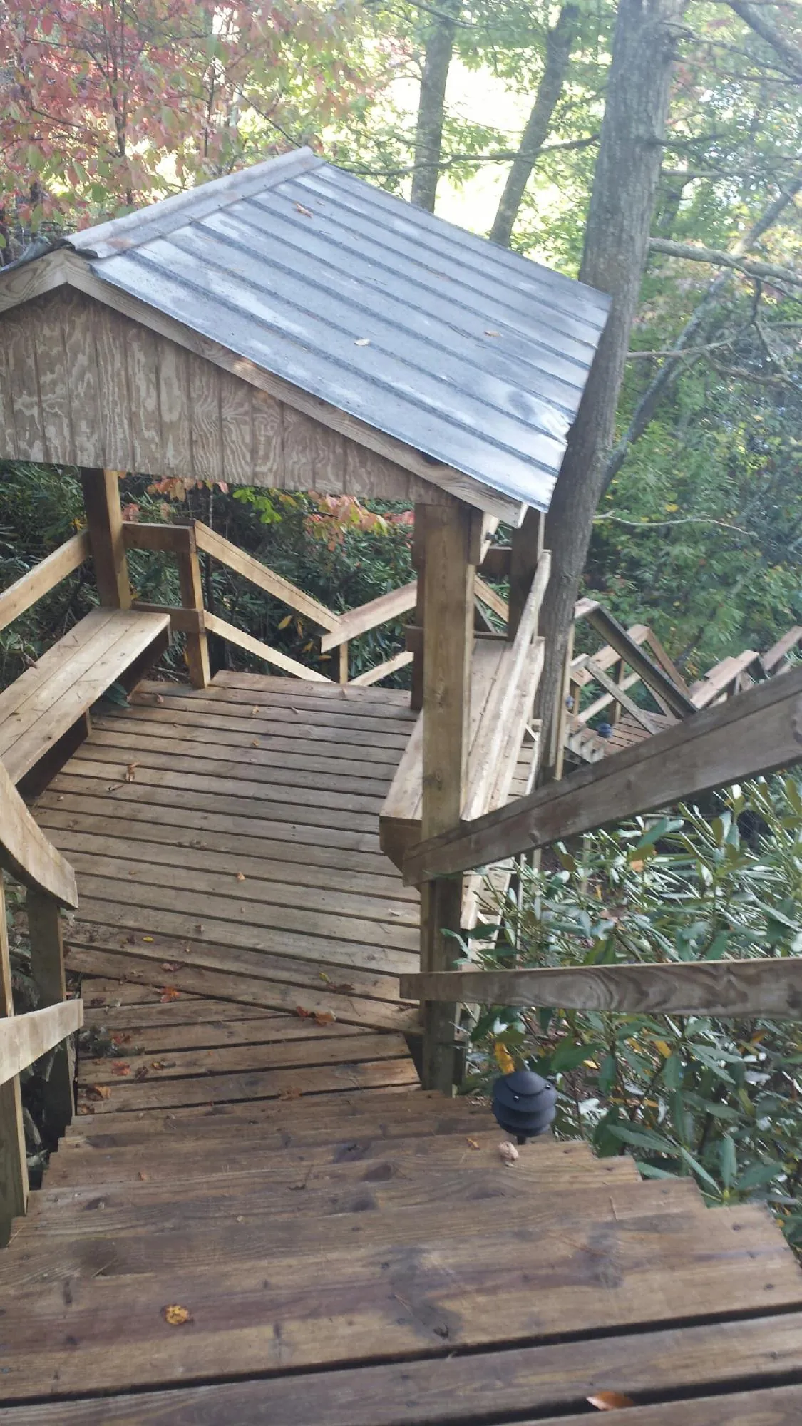 Metal roofed shelter over wooden steps on a wooded walkway — Skylight Repair & Installation work by our crew in Venango